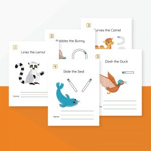 Stroke Booklets for Kindergarten include five illustrated activity sheets with animals and line tracing exercises, featuring a lemur, bunny, camel, seal, and duck.