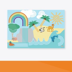 The Happy Day Poster features a playful cartoon island with a rainbow, waterfall, palm trees, clouds, sun, camel, zebra, fox, platypus, and dolphin.