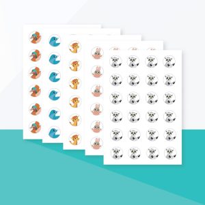 Four sheets of Squiggle Squad Stickers, each with rows of circular stickers featuring repeated illustrations of a bird, dinosaur, rabbit, and panda on white paper.