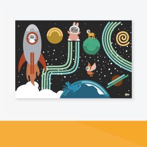 The Space Adventure Poster features animals exploring space— a dog in a rocket, a rabbit on a planet, and other playful creatures floating among colorful planets and cosmic paths.