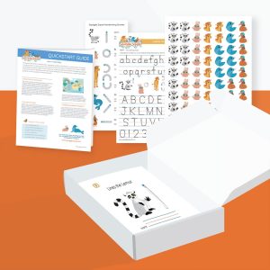 The Single Student Core Kit for Kindergarten includes an open box, animal-themed letter practice sheets, a sticker sheet, an alphabet tracing page, and a quickstart guide—all displayed on an orange and white background.
