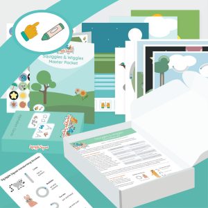 Squiggles & Wiggles Handwriting Prep: PreK/TK is an educational kit with illustrated worksheets, instruction sheets, stickers, and cards featuring nature and animal themes, displayed on a table and in an open box.