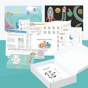 The Comprehensive Classroom Kit for Kindergarten includes worksheets, a quickstart guide, illustrated cards, and themed activity sheets with animals, space, and tracing—helping kids develop handwriting through letter and number formation.