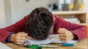 A person is sitting at a table with their head resting on an open notebook, looking frustrated. Various pens and a pencil are scattered on the table.