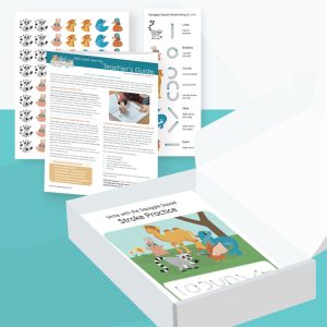 The Next Level Learning 1: Single Student Set is a first grade handwriting kit with animal stickers, a teacher’s guide, a handwriting strokes sheet, and a workbook, all displayed in an open box.