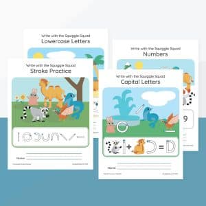 Discover the "Complete Set of Student Booklets: Next Level Learning," a collection of four educational worksheets that cover lowercase letters, stroke practice, numbers, and capital letters, complete with vibrant animal illustrations.