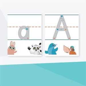 The Complete Set of Student Booklets: Next Level Learning features the letters "a" and "A" with illustrations of a rabbit, lemur, seal, and bird on a white and teal background.